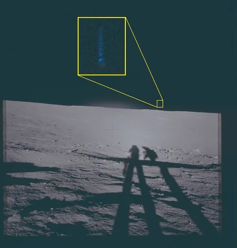 Photograph of the lunar surface showing astronaut shadows and a magnified callout of an object in the sky.