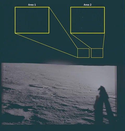 Photograph of the lunar surface showing astronaut shadows and a magnified callout of an object in the sky.