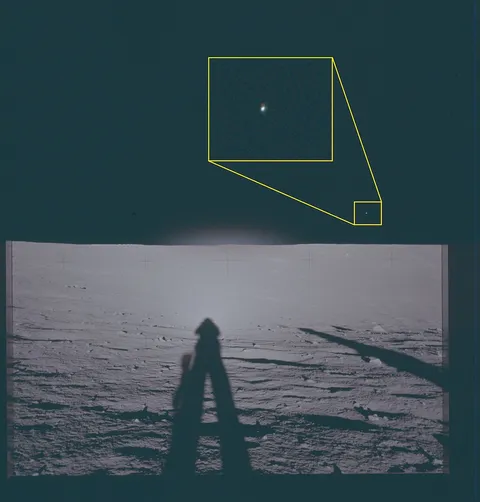 Photograph of the lunar surface showing astronaut shadows and a magnified callouts of objects in the sky.