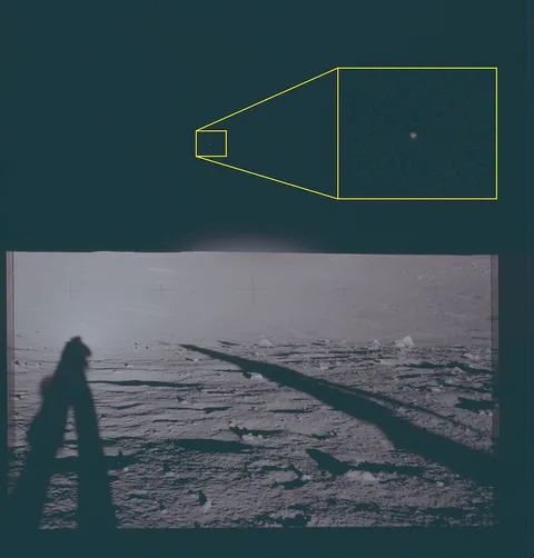 Photograph of the lunar surface showing astronaut shadows and a magnified callout of an object in the sky.