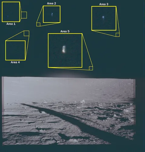 Photograph of the lunar surface showing astronaut shadows and a magnified callouts of objects in the sky.