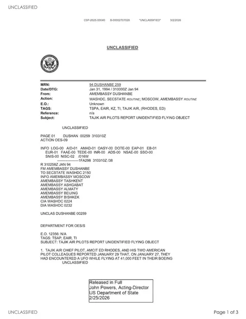 Unclassified diplomatic cable from the US Department of State.
