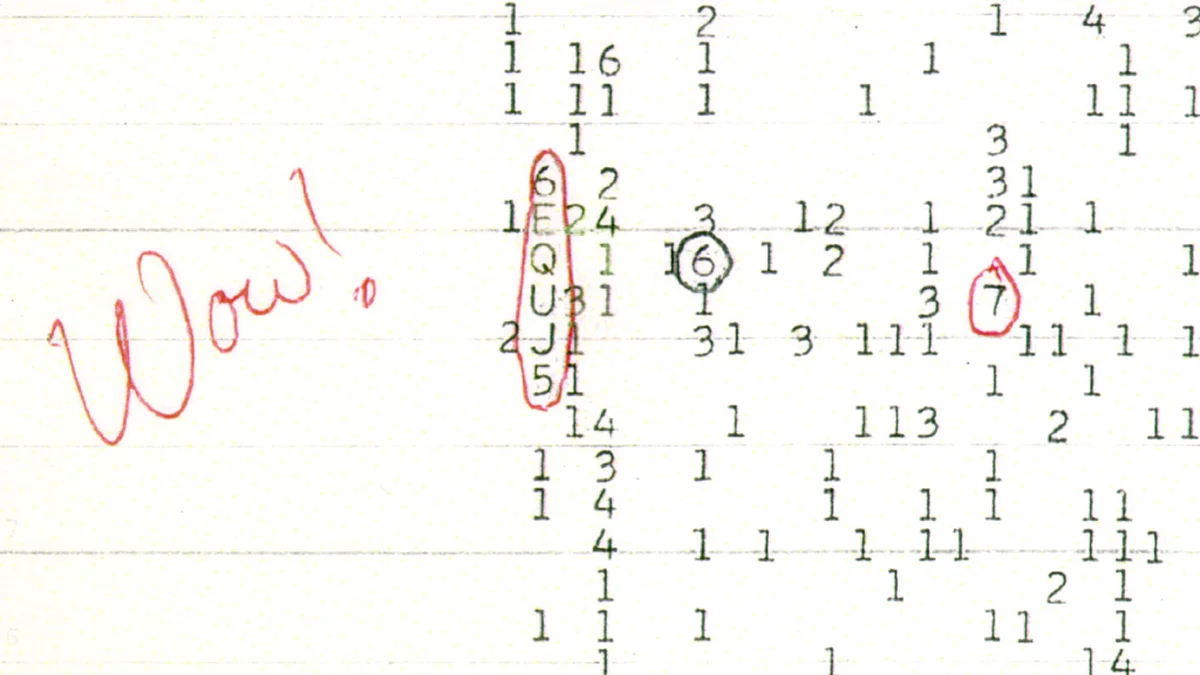 Computer printout of columns of numbers and letters with the sequence 6EQUJ5 circled in red and the word Wow! handwritten beside it
