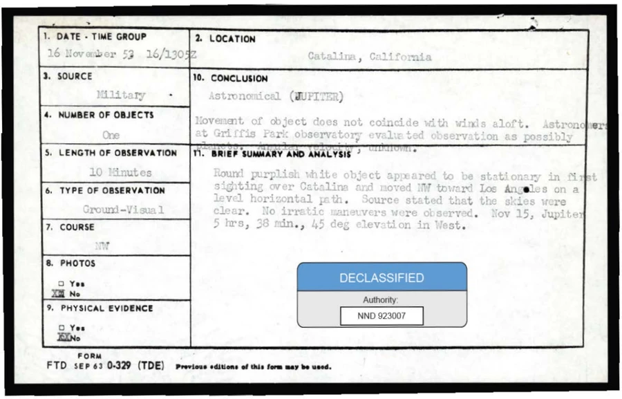 Typed Project 10073 record card for a 16 November 1953 sighting at Catalina, California, with the conclusion Astronomical (JUPITER)