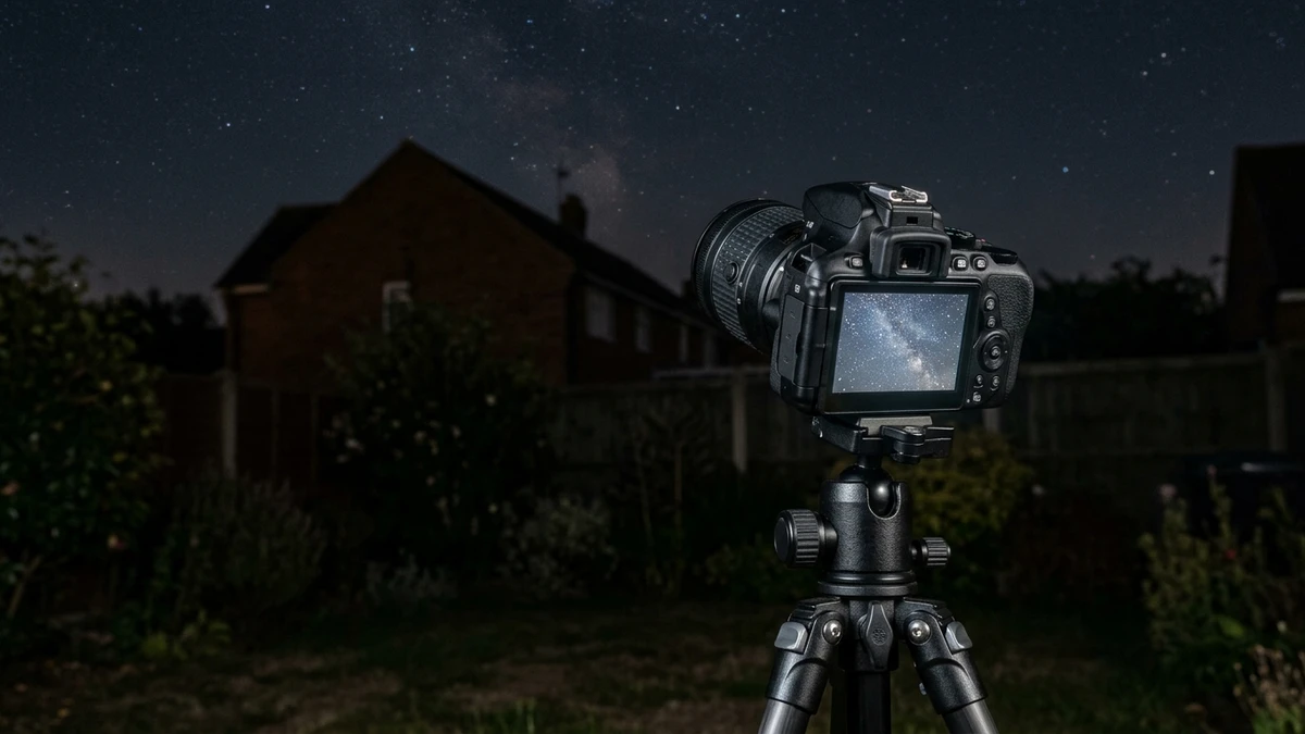 DSLR camera on a tripod pointed at a starry sky in a UK garden