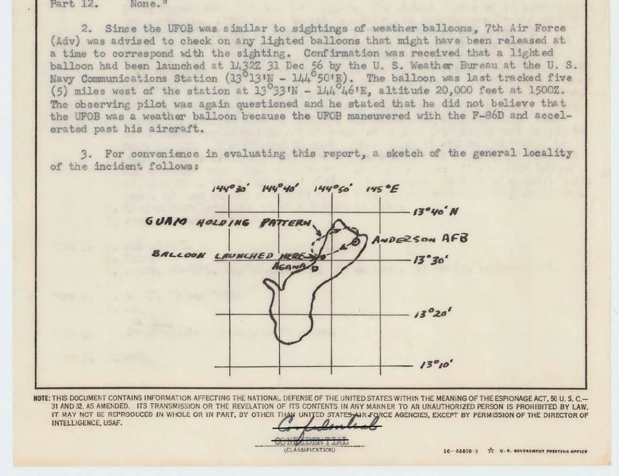 Page of a 1957 Air Force report with a paragraph on a lighted weather balloon and a hand-drawn map of Guam showing the holding pattern and launch point