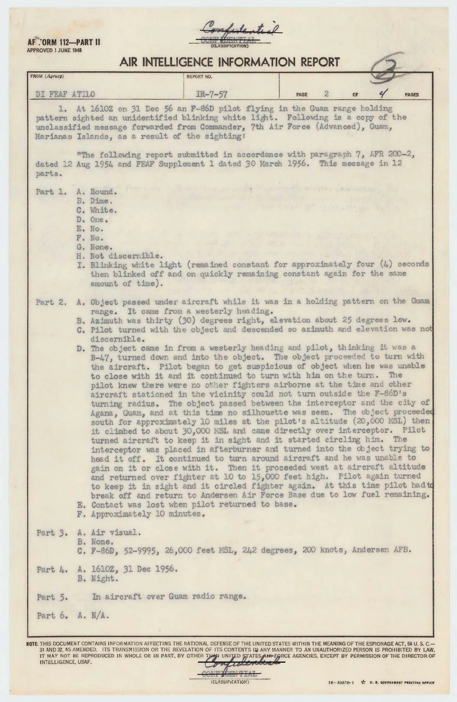 Typed 1957 US Air Force intelligence report page describing an F-86D pilot's light over Guam that turned with the aircraft and circled it