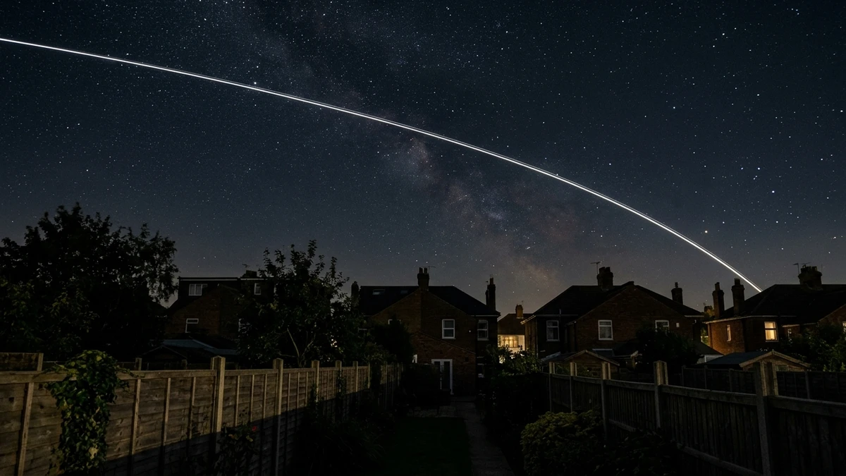 Long-exposure photo showing the ISS as a bright streak crossing the sky above UK rooftops
