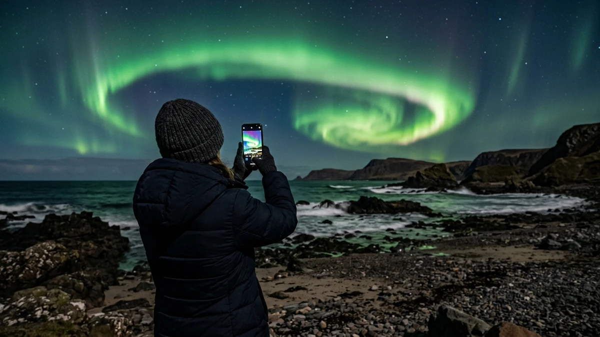 Person photographing the aurora on a phone from a northern UK coastline