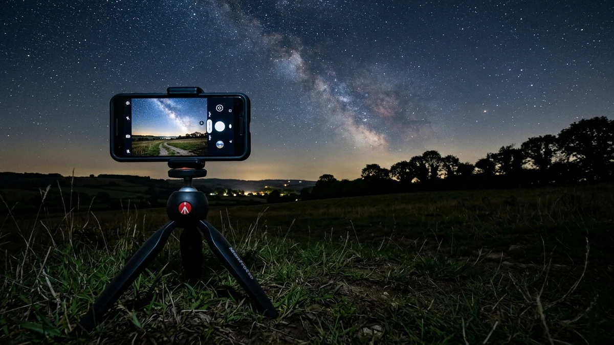 Smartphone mounted on a small tripod pointed at the night sky
