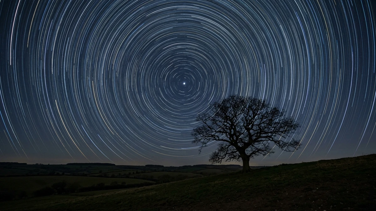 Long-exposure star trails circling Polaris and the north celestial pole