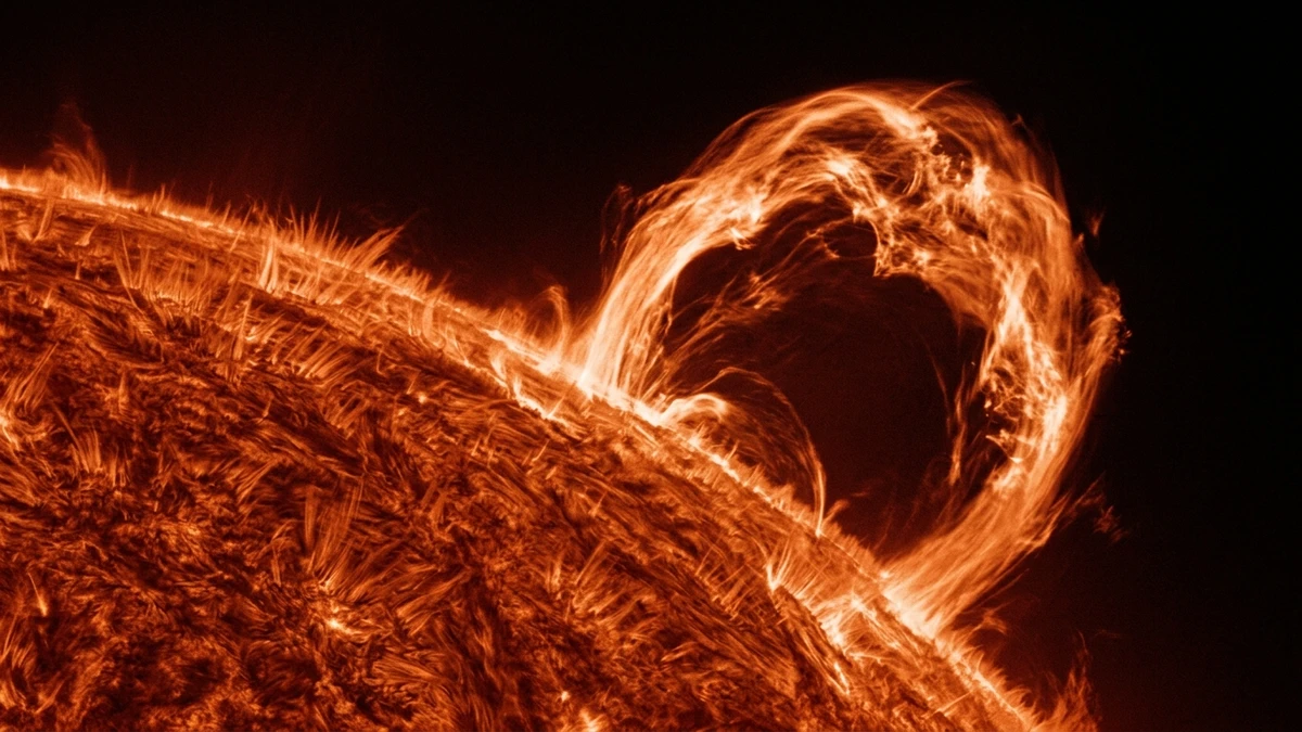Close-up hydrogen-alpha image of the Sun's limb with a large looping prominence and fine spicules along the edge