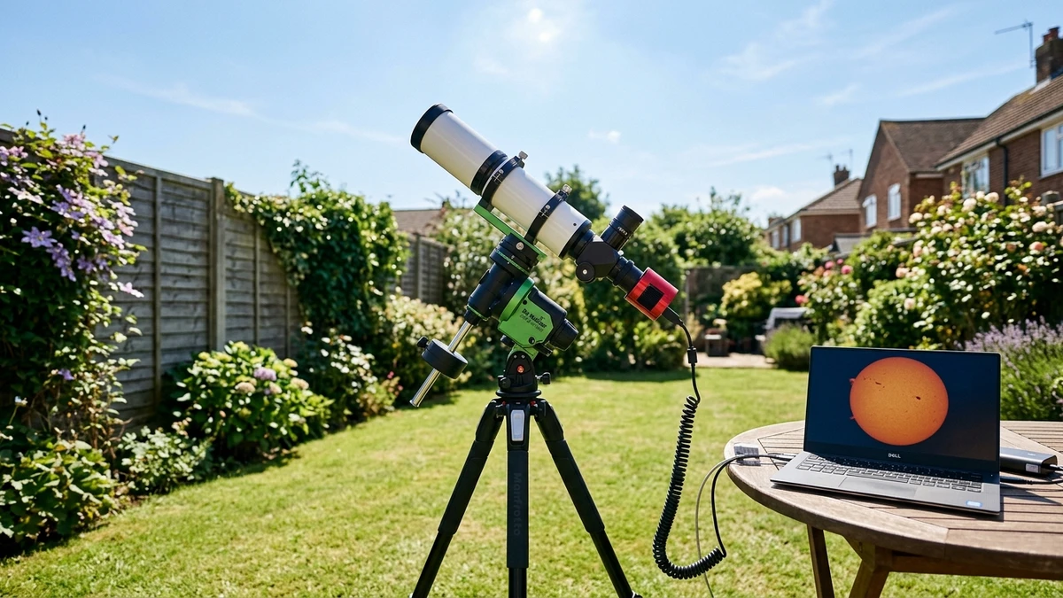 Small hydrogen-alpha solar telescope with a camera attached on a star tracker mount in a British garden, with a laptop showing the solar disc