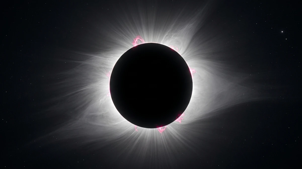 The Sun's corona surrounding the black disc of the Moon during totality at a total solar eclipse