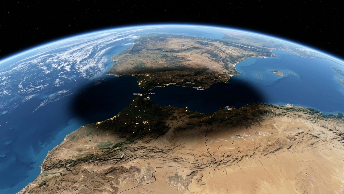 High-altitude view of the Moon's shadow crossing the Mediterranean Sea between Spain and North Africa during the 2027 total solar eclipse