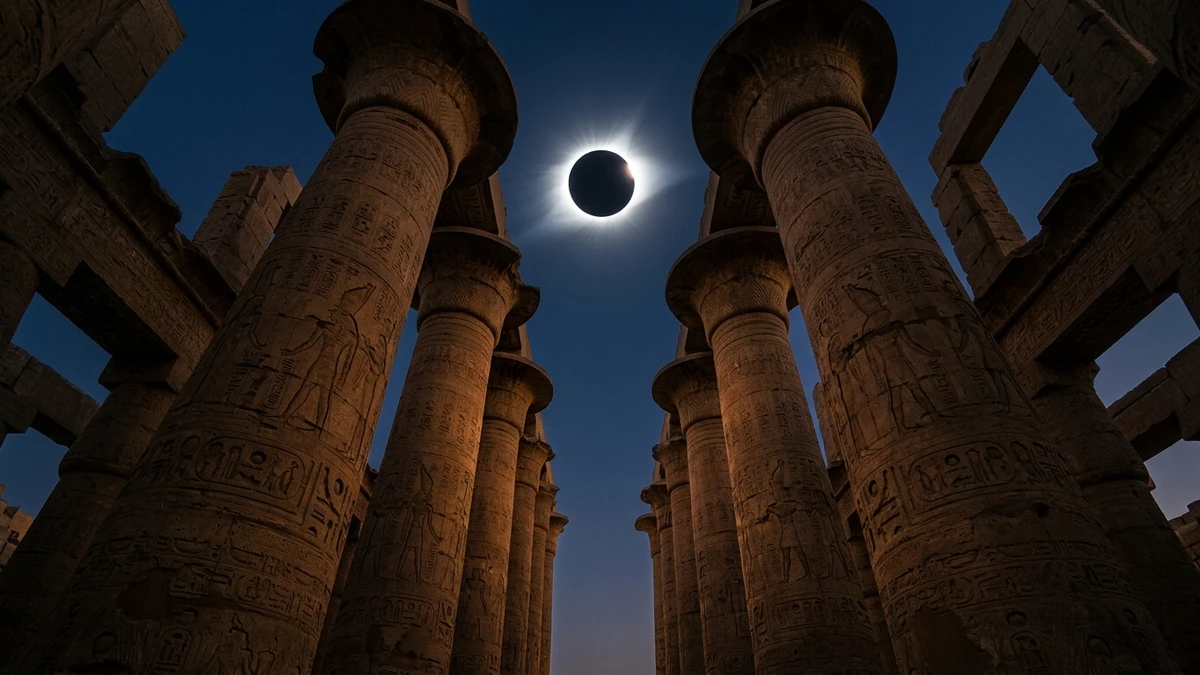 Ancient Egyptian temple columns at Luxor beneath a darkening sky during a total solar eclipse