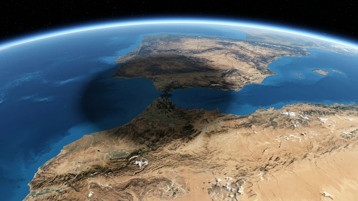 Illustration of the Moon's shadow crossing the Strait of Gibraltar and North Africa during the 2 August 2027 total solar eclipse