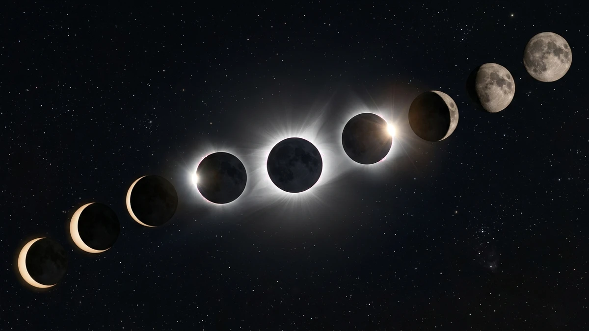 Composite sequence of solar eclipse phases from partial crescents through the diamond ring to full corona, arranged in an arc across a dark sky