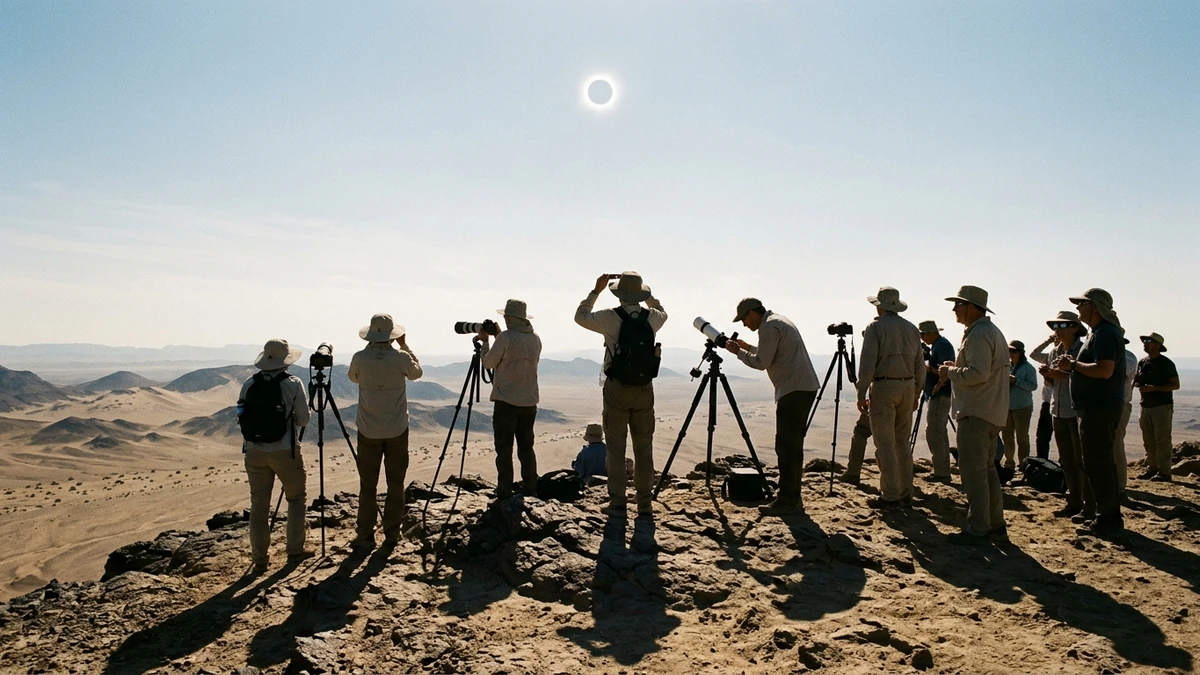 A group of eclipse watchers with cameras and tripods lined up along a desert ridge, the eclipsed Sun above them