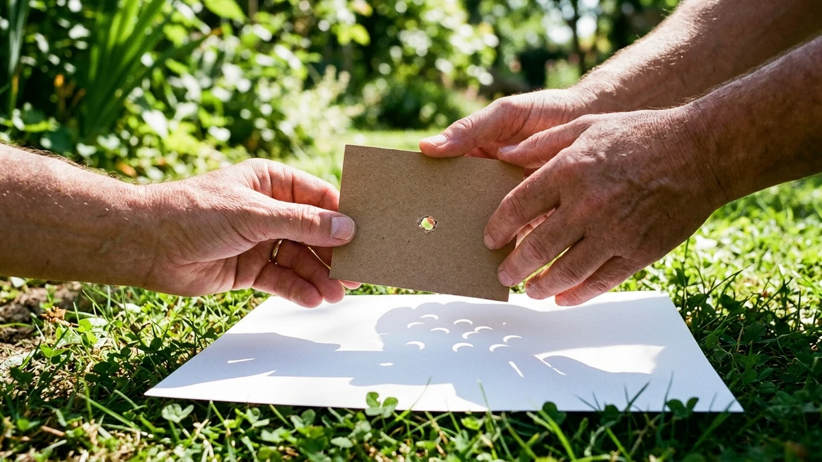 Hands using a pinhole projection card to show small crescent-shaped images of the partial solar eclipse on white paper