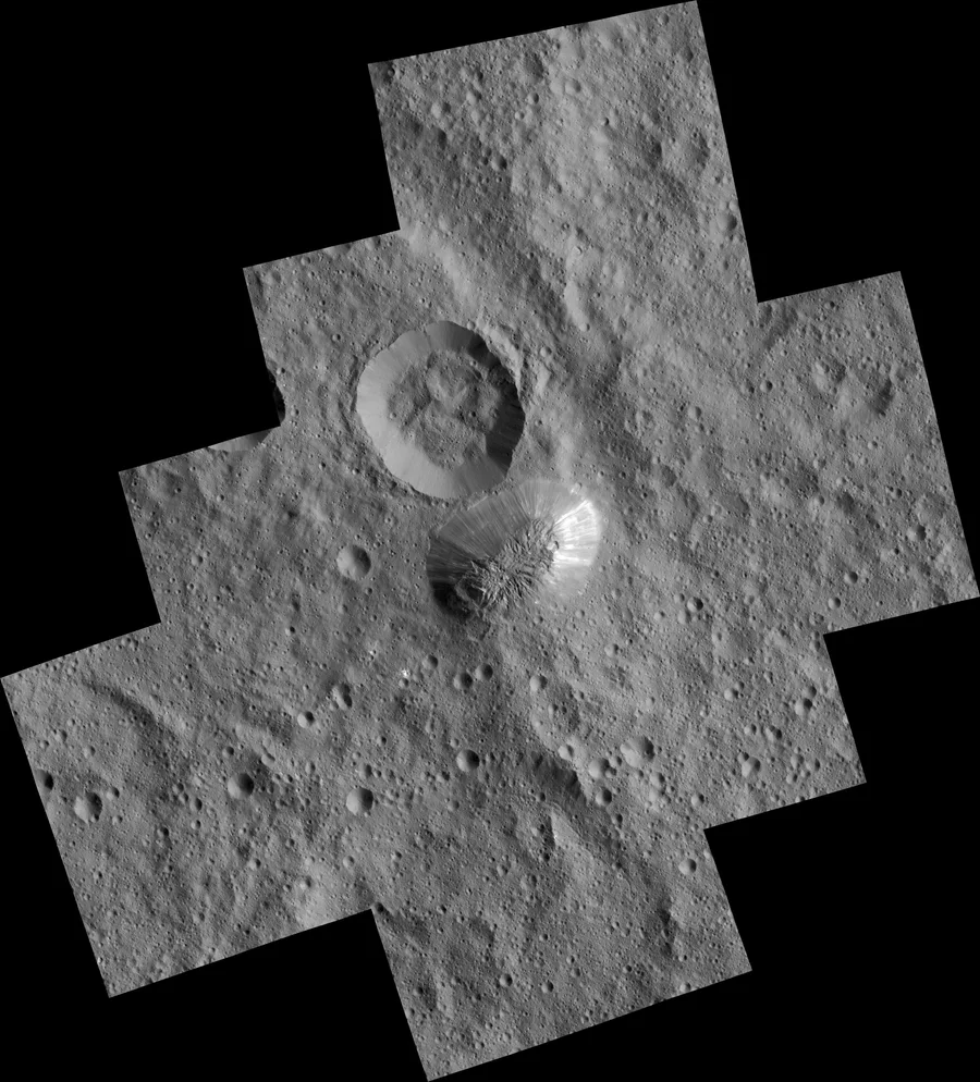 Overhead mosaic of Ahuna Mons, the 4 km high icy volcano on Ceres, from NASA Dawn images taken in December 2015
