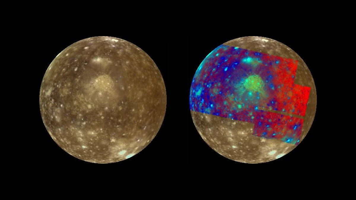 Two views of Callisto's Jupiter-facing hemisphere side by side: an approximate natural-colour view on the left with the bright Valhalla bullseye just above the centre, and a false-colour view on the right with the same region in blue, green and red patches