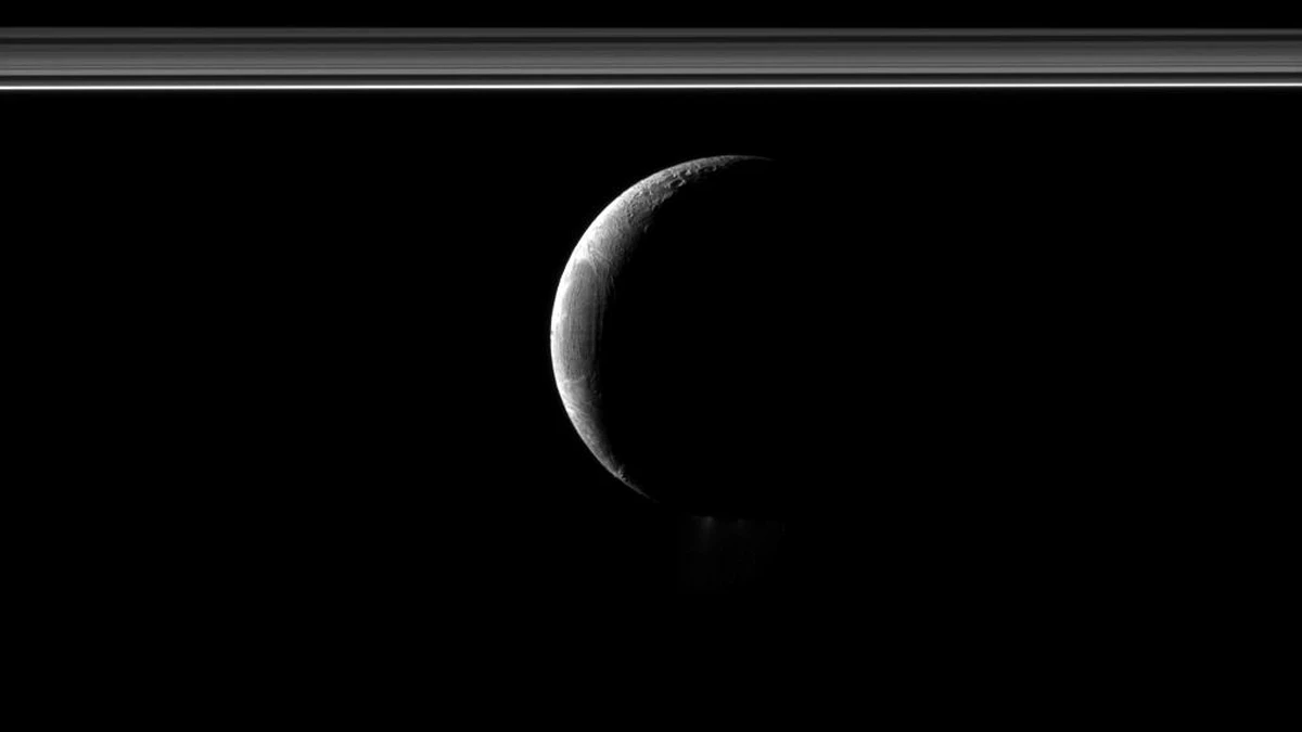 A thin crescent Enceladus below Saturn's rings, which appear as thin lines because they are seen almost edge-on, photographed by Cassini