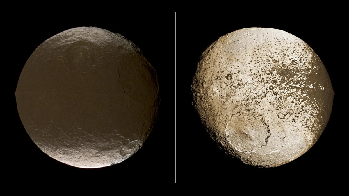 Two global views of Iapetus side by side, the dark brown leading hemisphere on the left and the bright, crater-covered trailing hemisphere on the right, photographed by Cassini