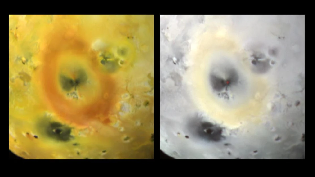 Two side-by-side views of the volcano Pele on Io: on the left a yellow and orange area around a dark volcanic depression, and on the right the same area in grey false colour with a tiny red dot marking glowing lava