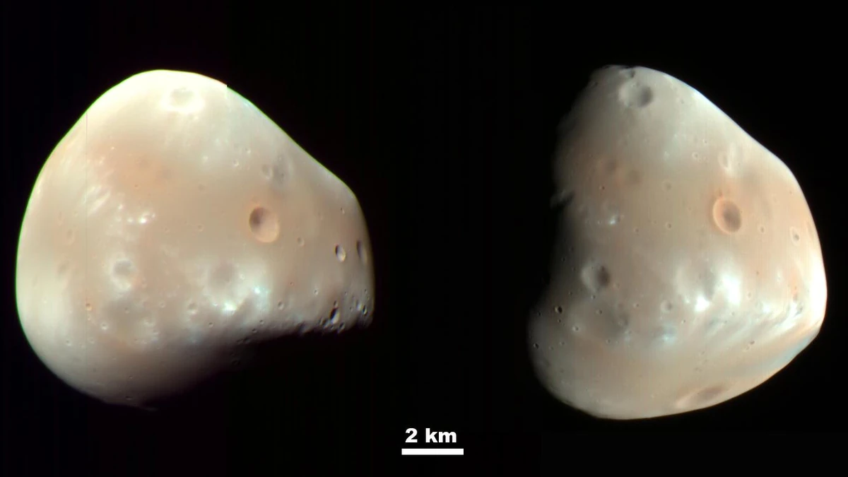 Two colour-enhanced views of the small, smooth, reddish moon Deimos side by side with a 2 kilometre scale bar, lit from different directions