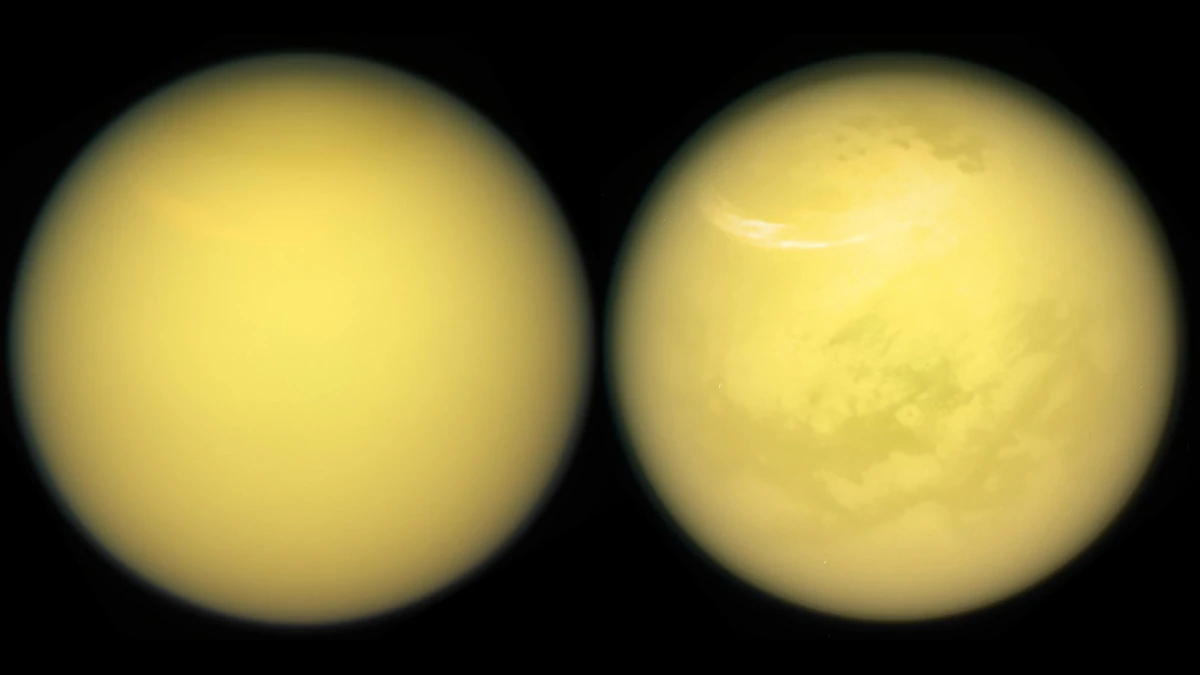 Two views of Titan side by side, a smooth hazy orange ball in natural colour on the left and a version showing clouds and surface patches through the haze on the right