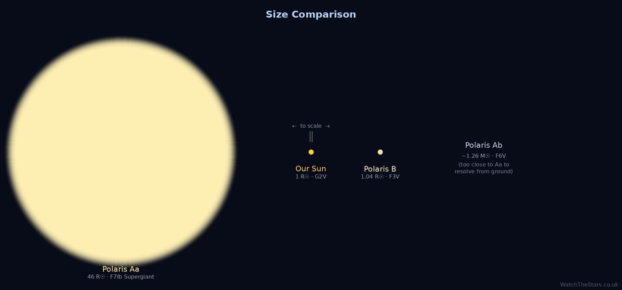 Size comparison showing Polaris Aa (large yellow-white sphere 46 times solar radius), our Sun (tiny yellow sphere), and Polaris B (slightly larger than Sun), all drawn to the same scale