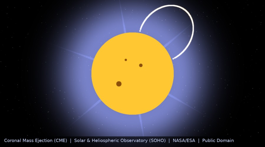 Illustration of a Coronal Mass Ejection (CME) erupting from the Sun's upper limb, showing the expanding plasma arc above the solar corona