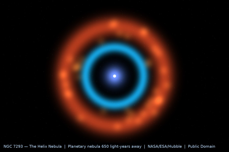 The Helix Nebula (NGC 7293) — a planetary nebula showing concentric rings of glowing gas in blue, teal and orange, with a central white dwarf star