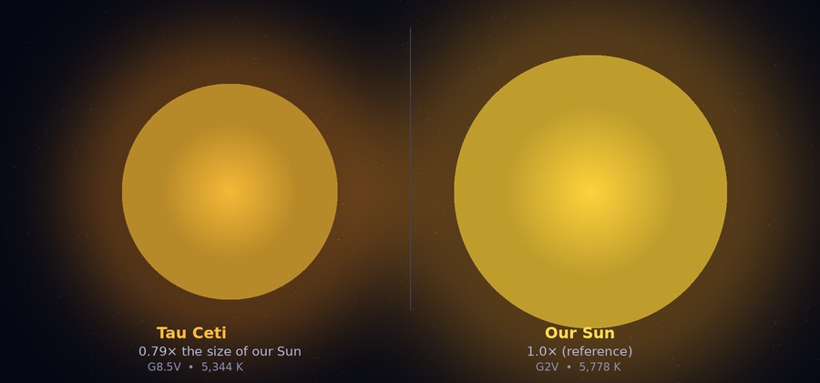 Size comparison between Tau Ceti (left, smaller, slightly more orange) and our Sun (right, larger), both shown as glowing spheres against a dark space background