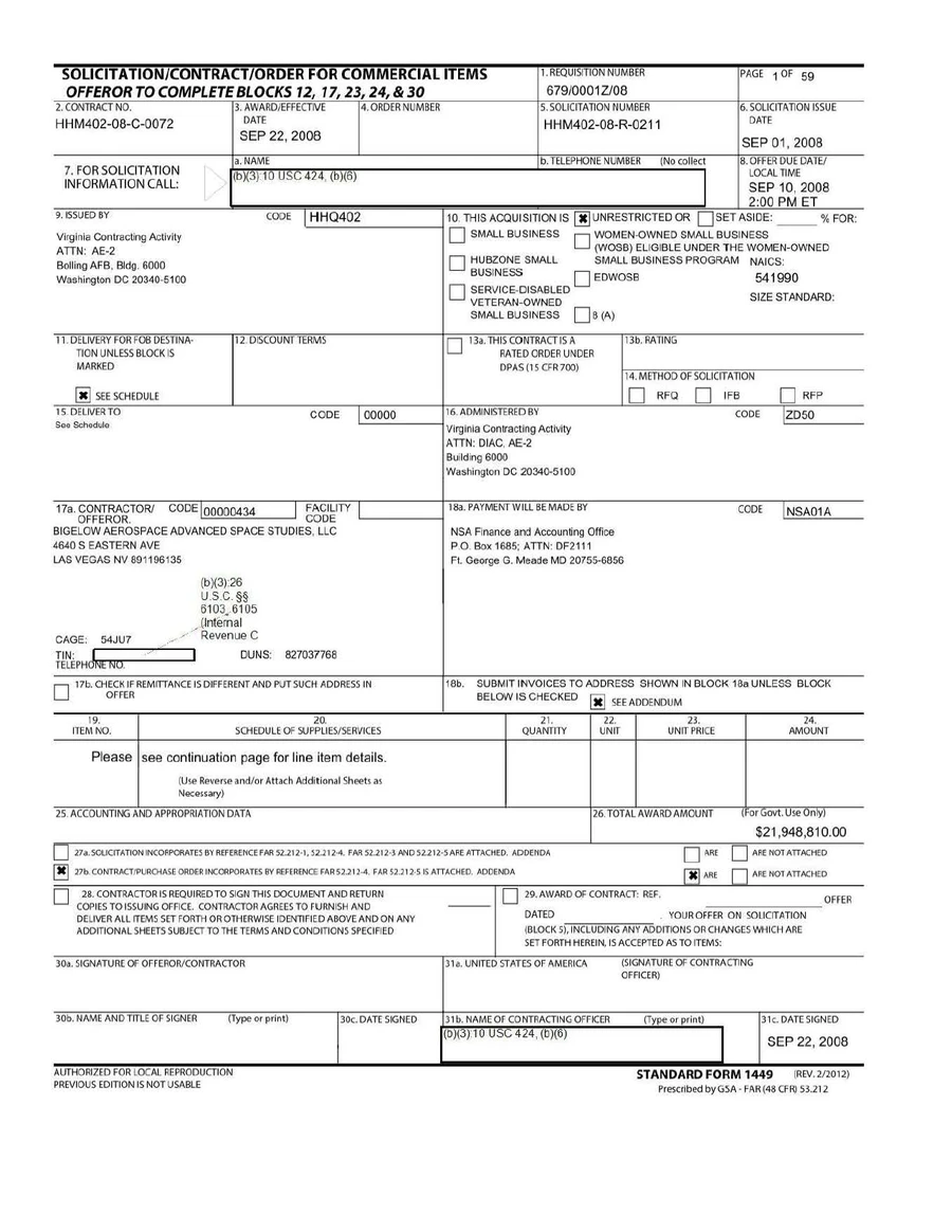 Page one of the AAWSAP contract on Standard Form 1449, contract HHM402-08-C-0072 awarded 22 September 2008 to Bigelow Aerospace Advanced Space Studies, with a total award amount of $21,948,810