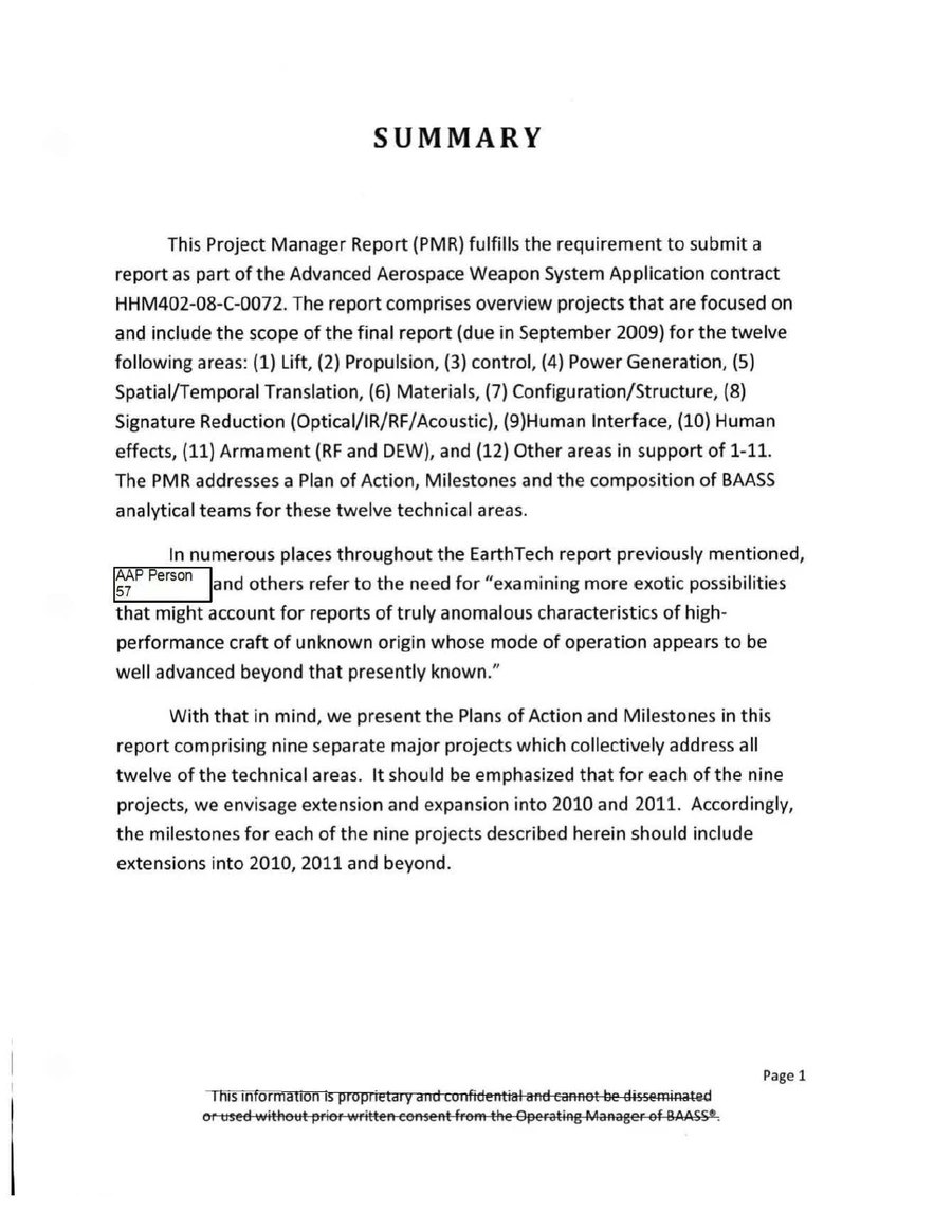 Summary page of BAASS's December 2008 Project Management Plan, citing DIA contract HHM402-08-C-0072 and introducing nine separate major projects