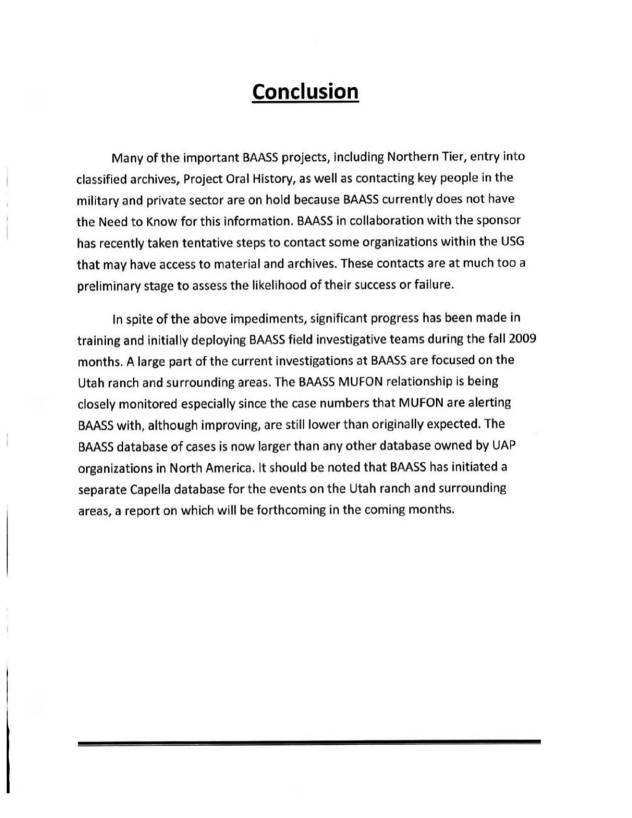 Conclusion page of BAASS's November 2009 report saying Northern Tier, entry into classified archives and Project Oral History are on hold because BAASS lacks the Need to Know