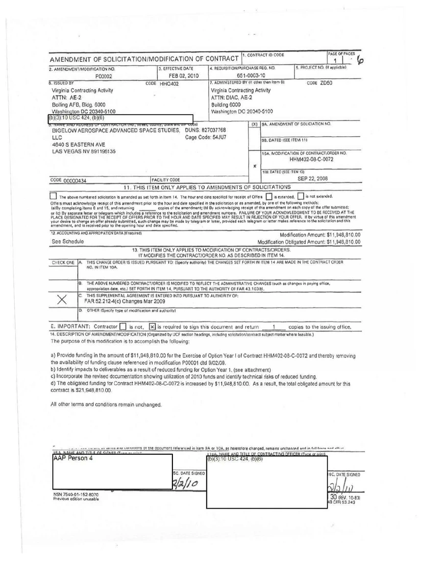 First page of AAWSAP contract Modification P00002, dated 2 February 2010, showing a modification amount of $11,948,810 and a total obligated amount of $21,948,810