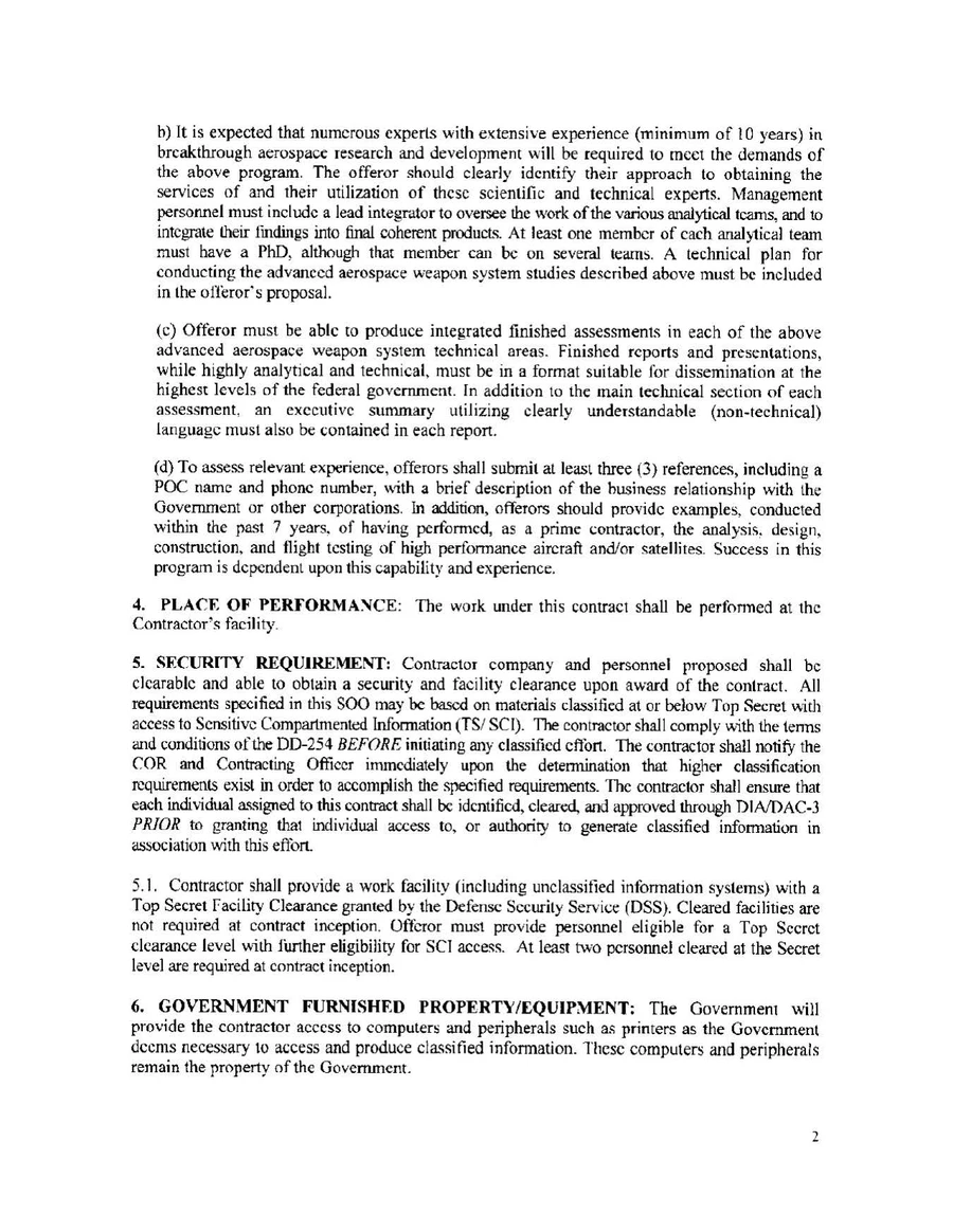 Page two of the AAWSAP Statement of Objectives from July 2008, setting out the requirement for experts with at least ten years' experience, a PhD on each analytical team, and Top Secret SCI clearance