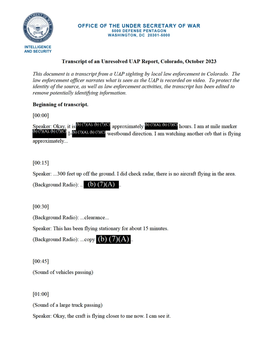 The one-page transcript LLE-UAP-D001, with the time, date and mile marker blacked out and the officer's lines about an orb 300 feet up and a radar check