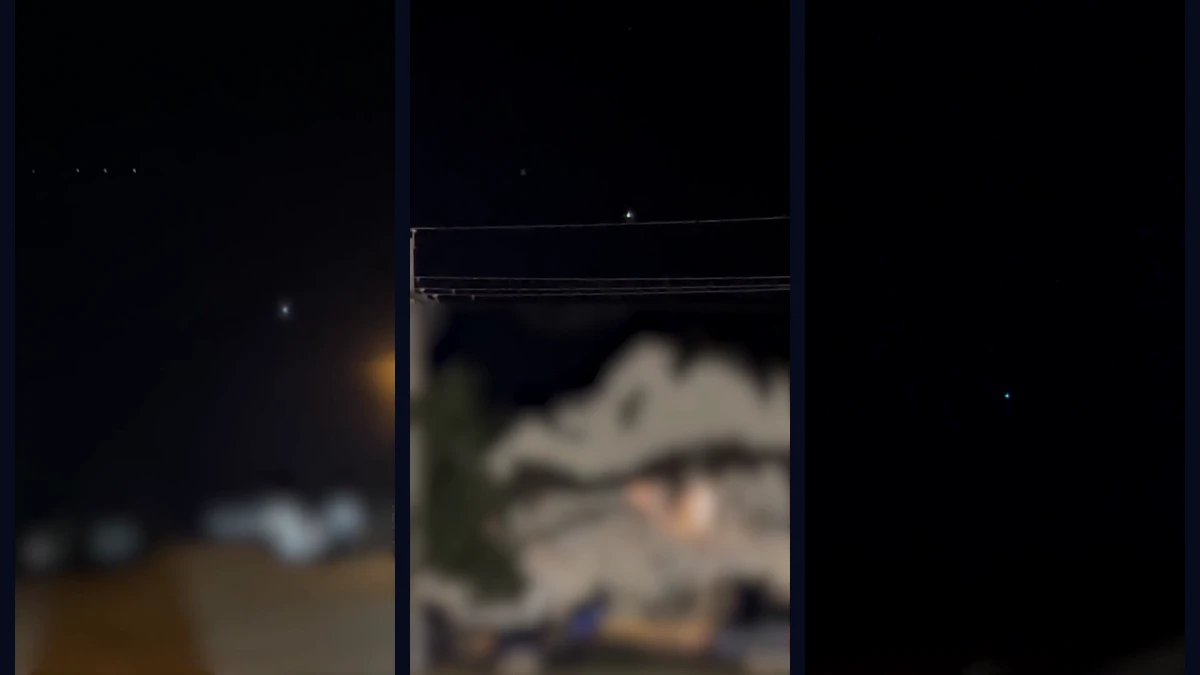 Three frames from the Colorado police phone videos: a row of faint lights above a brighter point, a single light above power lines, and a tiny blue-white dot in a black sky