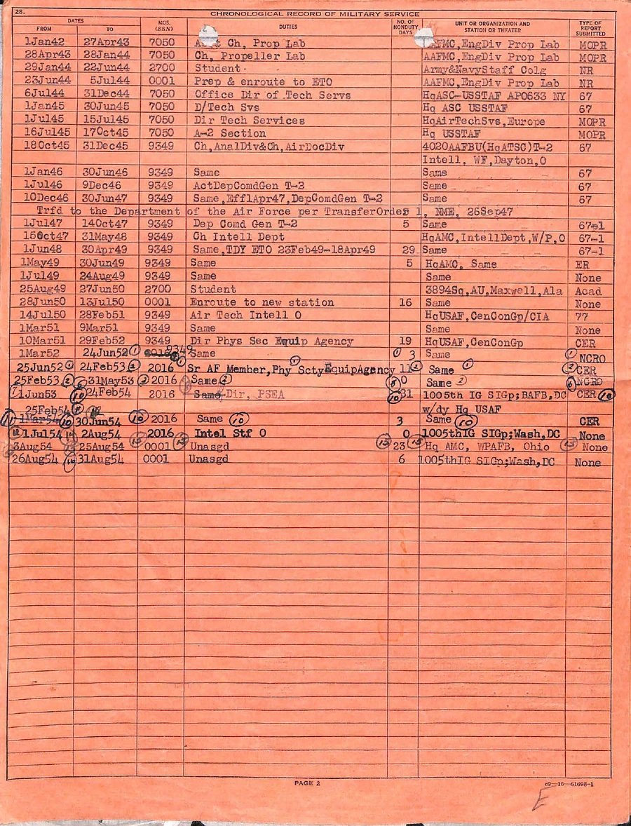 Typed chronological record of Colonel Howard McCoy's military service from 1942 to 1954, listing the Propeller Lab, T-2, the AMC Intelligence Department, the CIA and the Physical Security Equipment Agency