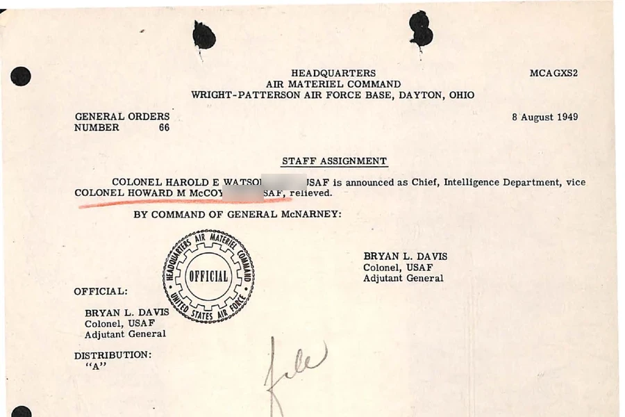 Air Materiel Command General Orders No. 66 of 8 August 1949, announcing Colonel Harold E. Watson as Chief, Intelligence Department, in place of Colonel Howard M. McCoy, by command of General McNarney