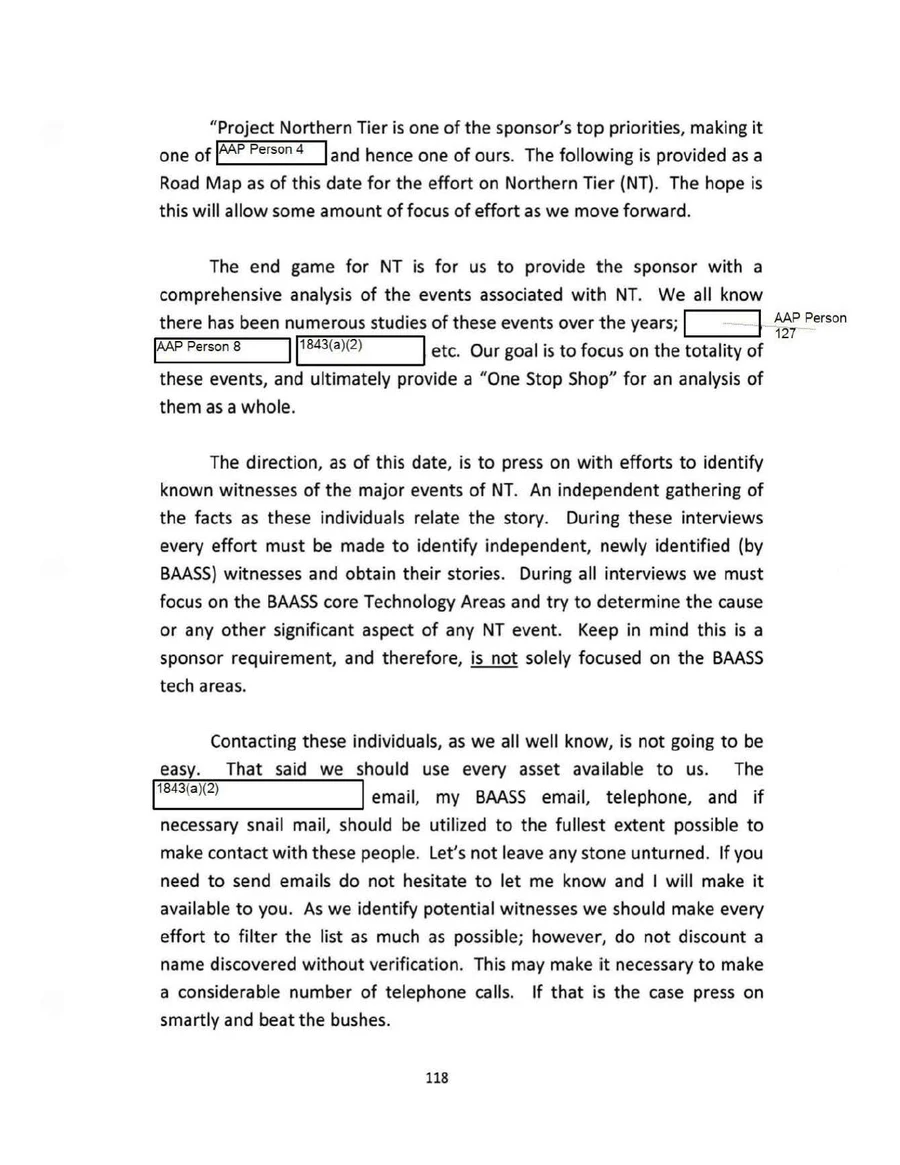 Page 121 of BAASS's June 2009 report quoting the 11 June 2009 memo: Project Northern Tier is one of the sponsor's top priorities, with names replaced by AAP Person codes