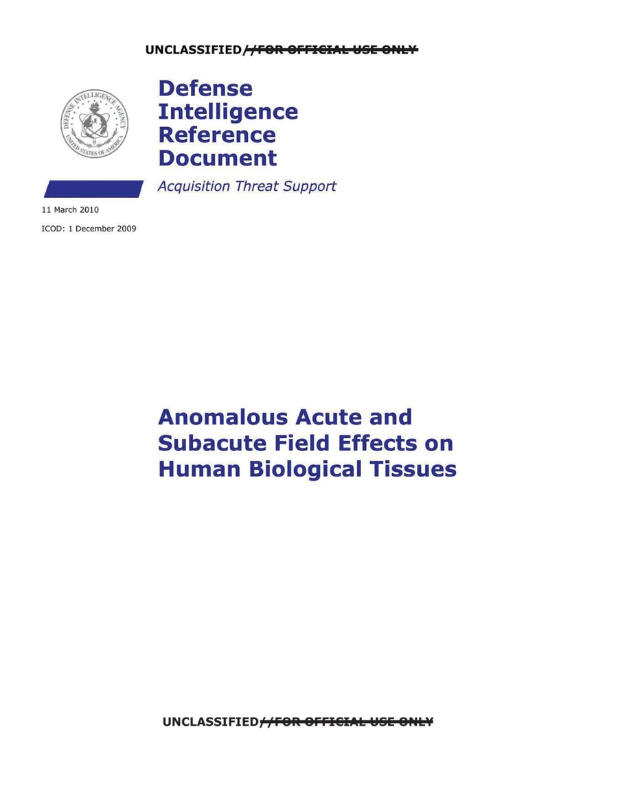 Cover of the Defense Intelligence Reference Document 'Anomalous Acute and Subacute Field Effects on Human Biological Tissues', dated 11 March 2010