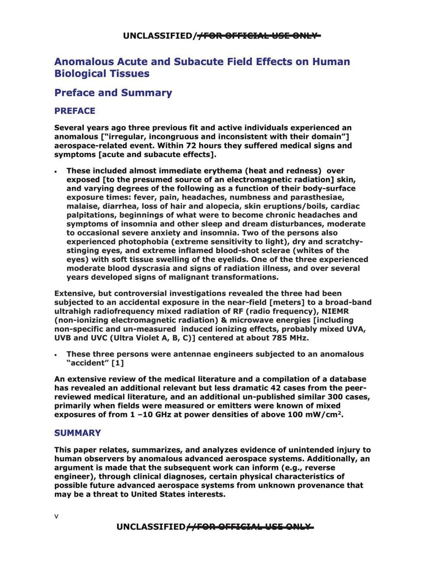 Page v of the DIA injury paper, the preface describing three previously fit people who suffered skin redness, hair loss and other symptoms after an exposure centred at about 785 MHz