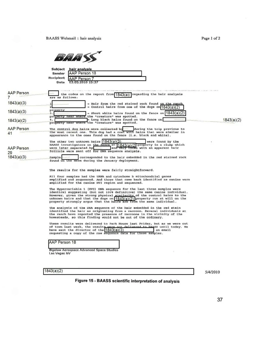 BAASS webmail printout with the subject hair analysis, dated 03.05.2010, listing the four hair samples and concluding the three canine samples most likely came from the same dog