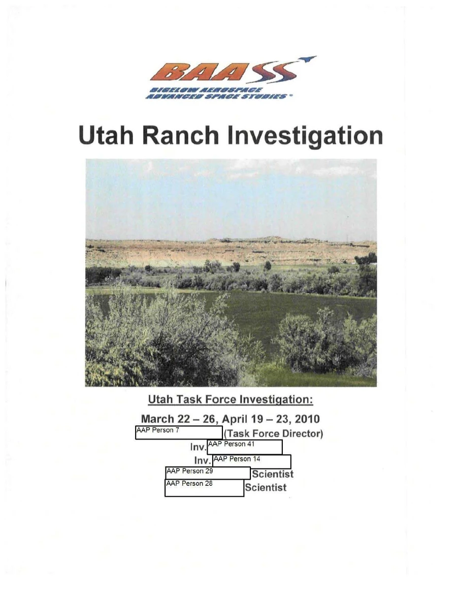 Cover of the BAASS report Utah Ranch Investigation: the BAASS logo, a photo of scrub and water below a pale mesa, and the dates March 22–26 and April 19–23, 2010, with the team's names replaced by AAP Person codes