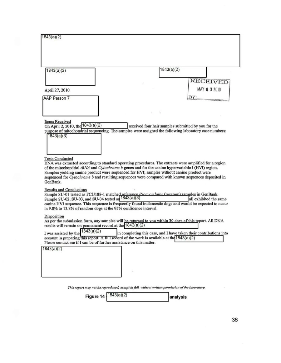 The mitochondrial DNA lab report dated April 27, 2010, stamped received May 03 2010, with the laboratory's name redacted and results showing one raccoon sample and three samples with the same canine sequence